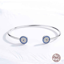 Load image into Gallery viewer, Blue and White Stone Dual Evil Eye Open Cuff Silver Bracelet - BraceletSilver