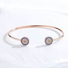 Load image into Gallery viewer, Blue and White Stone Dual Evil Eye Open Cuff Silver Bracelet - BraceletRose Gold