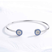 Load image into Gallery viewer, Blue and White Stone Dual Evil Eye Open Cuff Silver Bracelet - BraceletSilver