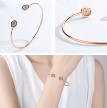 Load image into Gallery viewer, Blue and White Stone Dual Evil Eye Open Cuff Silver Bracelet - BraceletRose Gold
