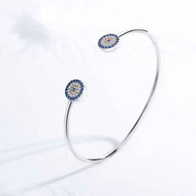 Load image into Gallery viewer, Blue and White Stone Dual Evil Eye Open Cuff Silver Bracelet - BraceletRose Gold