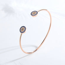 Load image into Gallery viewer, Blue and White Stone Dual Evil Eye Open Cuff Silver Bracelet - BraceletRose Gold