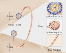 Load image into Gallery viewer, Blue and White Stone Dual Evil Eye Open Cuff Silver Bracelet - BraceletRose Gold