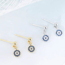 Load image into Gallery viewer, Blue and White Stone Evil Eye Silver Drop Earrings - EarringsGold