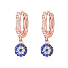 Load image into Gallery viewer, Blue and White Stone Evil Eye Silver Hoop Earrings - EarringsRose Gold