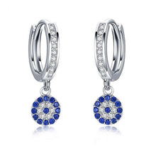 Load image into Gallery viewer, Blue and White Stone Evil Eye Silver Hoop Earrings - EarringsSilver
