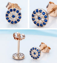 Load image into Gallery viewer, Blue and White Stone Evil Eye Silver Stud Earrings - EarringsRose Gold