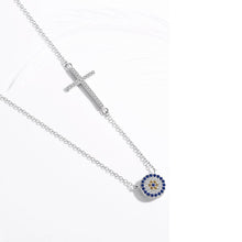 Load image into Gallery viewer, Blue and White Stone Evil Eye with Holy Cross Silver Necklace - Necklace