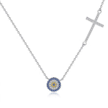 Load image into Gallery viewer, Blue and White Stone Evil Eye with Holy Cross Silver Necklace - Necklace