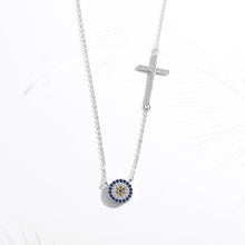 Load image into Gallery viewer, Blue and White Stone Evil Eye with Holy Cross Silver Necklace - Necklace