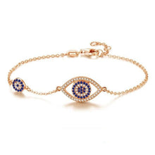 Load image into Gallery viewer, Blue and White Stone Evil Eyes Silver Bracelet - BraceletRose Gold