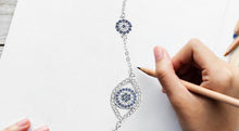 Load image into Gallery viewer, Blue and White Stone Evil Eyes Silver Bracelet - BraceletRose Gold