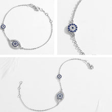 Load image into Gallery viewer, Blue and White Stone Evil Eyes Silver Bracelet - BraceletRose Gold