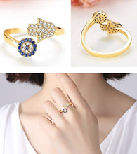 Load image into Gallery viewer, Blue and White Stone Hamsa Hand and Evil Eye Silver Rings - RingRose GoldResizable