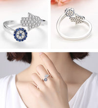 Load image into Gallery viewer, Blue and White Stone Hamsa Hand and Evil Eye Silver Rings - RingRose GoldResizable