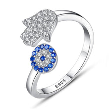Load image into Gallery viewer, Blue and White Stone Hamsa Hand and Evil Eye Silver Rings - RingSilverResizable