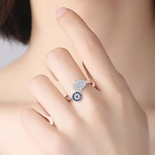Load image into Gallery viewer, Blue and White Stone Hamsa Hand and Evil Eye Silver Rings - RingRose GoldResizable
