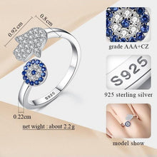Load image into Gallery viewer, Blue and White Stone Hamsa Hand and Evil Eye Silver Rings - RingRose GoldResizable