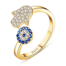 Load image into Gallery viewer, Blue and White Stone Hamsa Hand and Evil Eye Silver Rings - RingRose GoldResizable