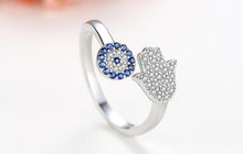 Load image into Gallery viewer, Blue and White Stone Hamsa Hand and Evil Eye Silver Rings - RingRose GoldResizable