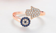 Load image into Gallery viewer, Blue and White Stone Hamsa Hand and Evil Eye Silver Rings - RingRose GoldResizable