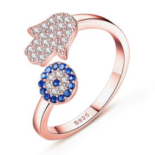 Load image into Gallery viewer, Blue and White Stone Hamsa Hand and Evil Eye Silver Rings - RingRose GoldResizable