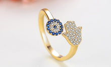 Load image into Gallery viewer, Blue and White Stone Hamsa Hand and Evil Eye Silver Rings - RingRose GoldResizable