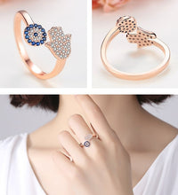 Load image into Gallery viewer, Blue and White Stone Hamsa Hand and Evil Eye Silver Rings - RingRose GoldResizable