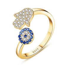 Load image into Gallery viewer, Blue and White Stone Hamsa Hand and Evil Eye Silver Rings - RingGoldResizable