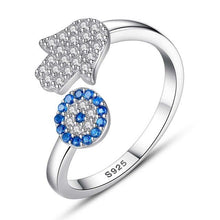 Load image into Gallery viewer, Blue and White Stone Hamsa Hand and Evil Eye Silver Rings - RingRose GoldResizable