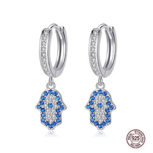 Load image into Gallery viewer, Blue and White Stone Hamsa Hand Silver Drop Earrings - EarringsRose Gold