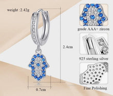 Load image into Gallery viewer, Blue and White Stone Hamsa Hand Silver Drop Earrings - EarringsRose Gold