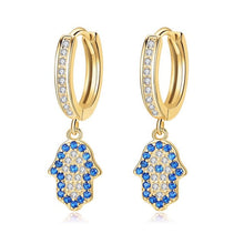 Load image into Gallery viewer, Blue and White Stone Hamsa Hand Silver Drop Earrings - EarringsGold
