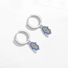 Load image into Gallery viewer, Blue and White Stone Hamsa Hand Silver Drop Earrings - EarringsRose Gold