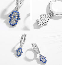 Load image into Gallery viewer, Blue and White Stone Hamsa Hand Silver Drop Earrings - EarringsRose Gold