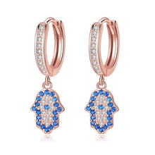 Load image into Gallery viewer, Blue and White Stone Hamsa Hand Silver Drop Earrings - EarringsRose Gold