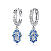 Load image into Gallery viewer, Blue and White Stone Hamsa Hand Silver Drop Earrings - EarringsSilver