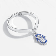 Load image into Gallery viewer, Blue and White Stone Hamsa Hand Silver Drop Ring - Ring7