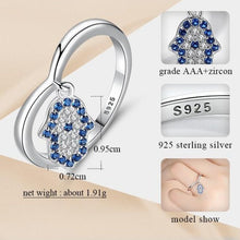 Load image into Gallery viewer, Blue and White Stone Hamsa Hand Silver Drop Ring - Ring7