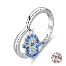 Load image into Gallery viewer, Blue and White Stone Hamsa Hand Silver Drop Ring - Ring7