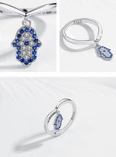 Load image into Gallery viewer, Blue and White Stone Hamsa Hand Silver Drop Ring - Ring7