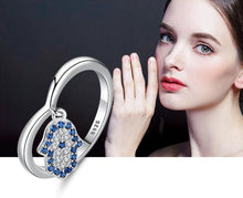Load image into Gallery viewer, Blue and White Stone Hamsa Hand Silver Drop Ring - Ring7