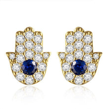 Load image into Gallery viewer, Blue and White Stone Hamsa Hand Silver Stud Earrings - Earrings