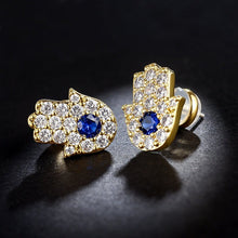 Load image into Gallery viewer, Blue and White Stone Hamsa Hand Silver Stud Earrings - Earrings