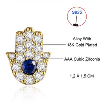 Load image into Gallery viewer, Blue and White Stone Hamsa Hand Silver Stud Earrings - Earrings