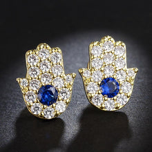 Load image into Gallery viewer, Blue and White Stone Hamsa Hand Silver Stud Earrings - Earrings