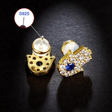 Load image into Gallery viewer, Blue and White Stone Hamsa Hand Silver Stud Earrings - Earrings