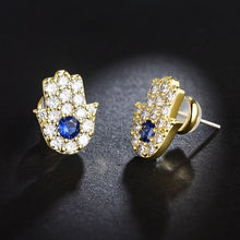 Load image into Gallery viewer, Blue and White Stone Hamsa Hand Silver Stud Earrings - Earrings