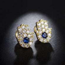 Load image into Gallery viewer, Blue and White Stone Hamsa Hand Silver Stud Earrings - Earrings