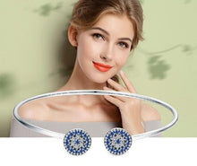 Load image into Gallery viewer, Blue and White Stone Star Design Open Cuff Evil Eye Silver Bracelet - Bracelet